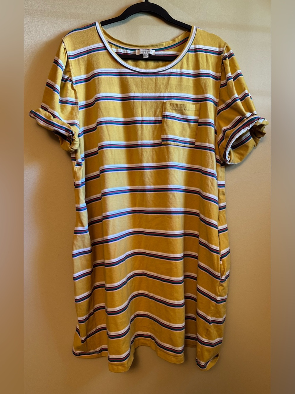 Umgee Yellow Striped Short Sleeve Pocket Tee Dress